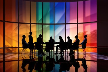 Silhouettes of team in a meeting room with a colorful window behind the,Generative AI.