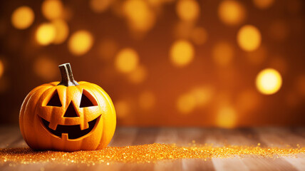 Happy Jack-o-Lantern pumpkin Halloween decoration dark glowing background