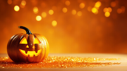 Happy Jack-o-Lantern pumpkin Halloween decoration dark glowing background