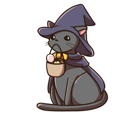 魔法使いのコスプレをした黒猫のイラスト