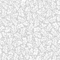 Elegant leaves silhouettes in gray and white, seamless pattern, vector - 653079413