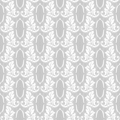 Elegant vintage wallpaper with leaves and lattice elements in gray and white, seamless pattern, vector - 653079424