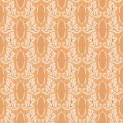Elegant vintage wallpaper with leaves and lattice elements in beige, seamless pattern, vector - 653079427