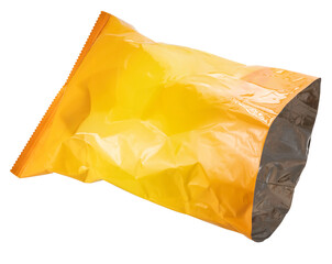 Empty Foil and plastic snack bags mockup isolated on white background, Yellow pillow packages for...