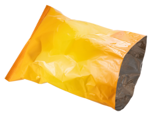 Empty Foil and plastic snack bags mockup isolated on white background, Yellow pillow packages for food production, snack wrappers on White Background PNG File.