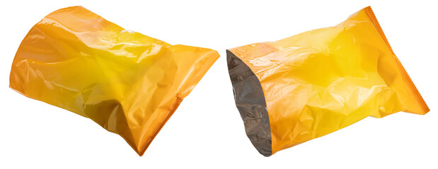 Empty Foil and plastic snack bags mockup isolated on white background, Yellow pillow packages for...