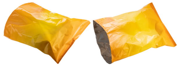 Empty Foil and plastic snack bags mockup isolated on white background, Yellow pillow packages for food production, snack wrappers on White Background PNG File.