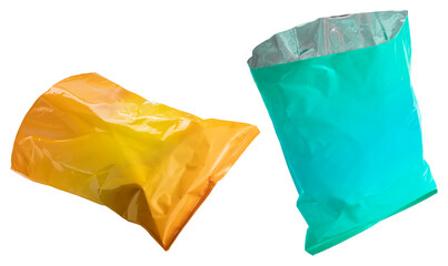 Empty Foil and plastic snack bags mockup isolated on white background, Yellow pillow packages for...