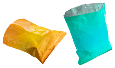 Empty Foil and plastic snack bags mockup isolated on white background, Yellow pillow packages for food production, snack wrappers on White Background PNG File.