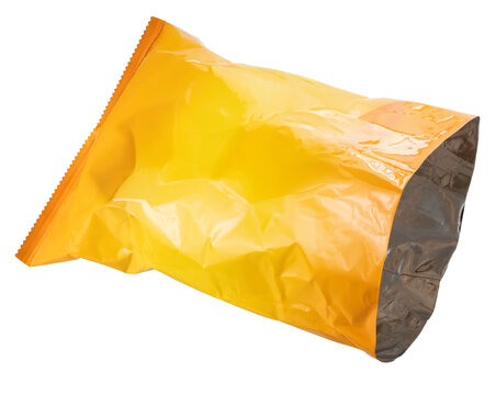 Empty Foil and plastic snack bags mockup isolated on white background, Yellow pillow packages for food production, snack wrappers on White Background PNG File.