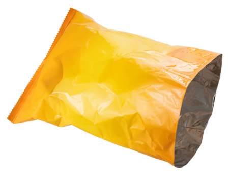 Empty Foil and plastic snack bags mockup isolated on white background, Yellow pillow packages for food production, snack wrappers on White Background PNG File.
