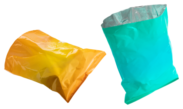 Empty Foil and plastic snack bags mockup isolated on white background, Yellow pillow packages for food production, snack wrappers on White Background PNG File.