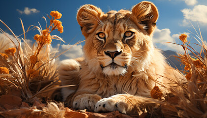 Fototapeta premium Majestic lioness hiding in grass, looking at camera, serene sunset generated by AI