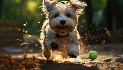 Cute terrier puppy playing outdoors, catching ball in summer generated by AI