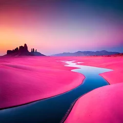 Papier Peint photo Lavable Roze sunrise at the beach, sunset over pink lake, pink lake, blue water and pink mountains, pink landscape photography