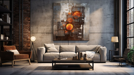 Industrial interior design for a modern living room featuring an elegant sofa, framed artwork, a table, and accessories