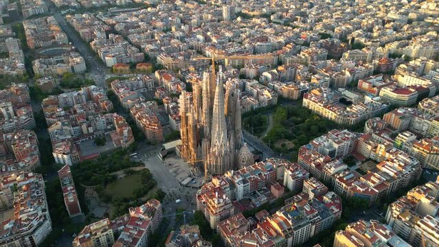 Sagrada Familia Cathedral, aerial view of Barcelona city skyline at sunrise. Catalonia, Spain