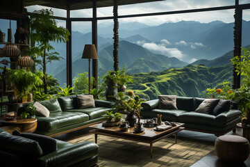 A mountain peak haven: Cozy room with plush sofas, warm drinks, and stunning mountain views. Ideal for a serene getaway.