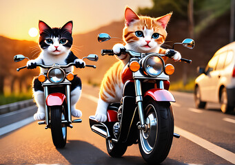 driver cats riding a motor cycle on the road under the sunset