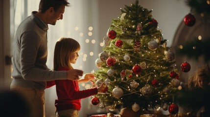 Family decorating the Christmas tree