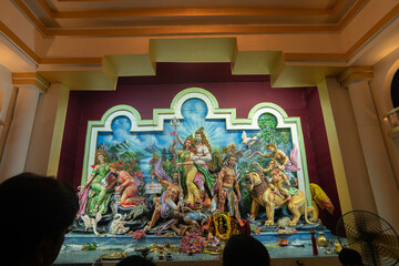 Kolkata, West Bengal, India- 4th October, 2022 : Beautifullly decorated Durga Puja idol inside puja...