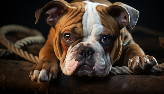 Cute bulldog puppy sitting, looking sad, indoors, close up generated by AI