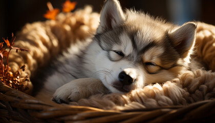 Obraz premium Cute puppy playing outdoors, fluffy and small, purebred dog generated by AI