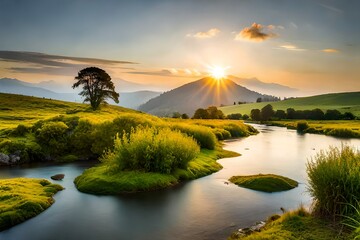 Obraz premium sunset over lake and generated AI