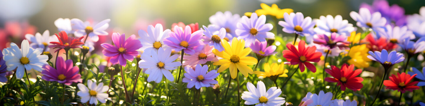 Colourful beautiful multicolored flowers Z&iacute;nnia spring summer in Sunny garden in sunlight on nature outdoors. Ultra wide banner format