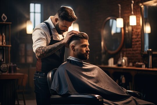 A barber trimming a customer's hair.