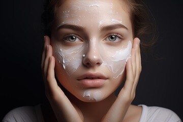 Woman moisturizing her face with skincare cream. - obrazy, fototapety, plakaty