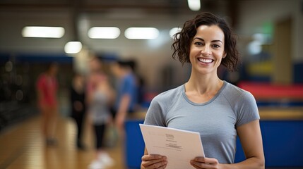 Female physical education teacher holds a Smiling Gym folder behind her for students to exercise. - obrazy, fototapety, plakaty