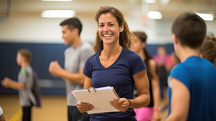 Female physical education teacher holds a Smiling Gym folder behind her for students to exercise.