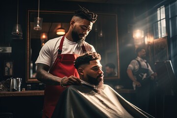 An African American barber trimming a customer's hair. - obrazy, fototapety, plakaty