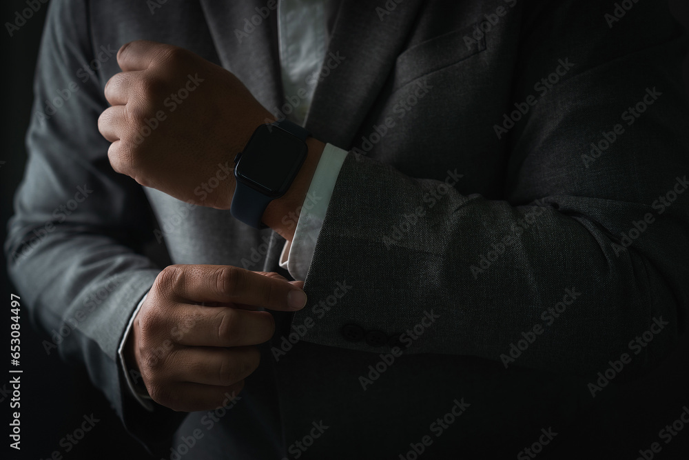 Poster man checking time on his smartwatch device close-up display clock checking lifestyle communication p