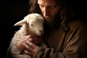 Jesus Christ gently holding a lamb. - obrazy, fototapety, plakaty
