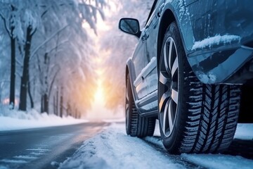 Close-up side view of sedan car on snowy road