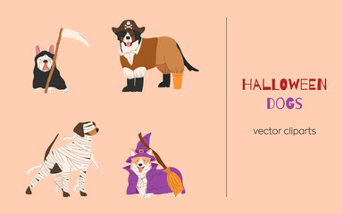 Dogs in different Halloween costume. Pirate, Grim Reaper, mummy and witch. Happy Halloween vector illustration. Ideal for holiday cards, decorations, invitations and stickers