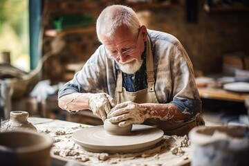 Old craftsman working on pottery wheel while sculpting from clay.