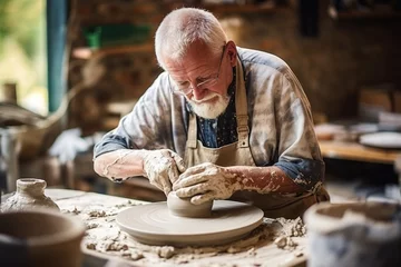 Cercles muraux Vielles portes Old craftsman working on pottery wheel while sculpting from clay.
