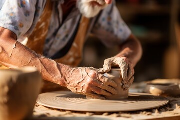 Old craftsman working on pottery wheel while sculpting from clay.