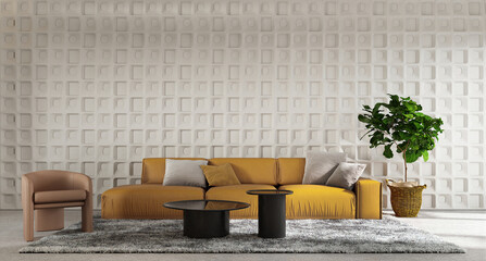 Yellow leather sofa and grey pillows and poster frame against concrete cube texture wall background. Minimalist style home interior design of modern living room. 3d rendering.