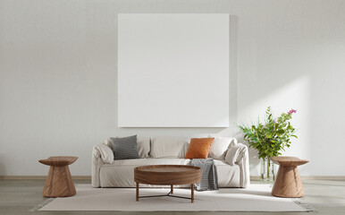 Beige sofa and grey pillows and poster frame against white wall background. Minimalist style home interior design of modern living room. 3d rendering.