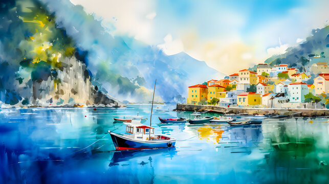watercolor painting style of a typical fishing village scenery from the sea