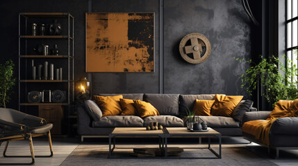 Industrial interior design for a modern living room featuring an elegant sofa, framed artwork, a table, and accessories