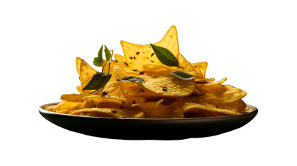 Naklejka premium spicy, delicious, mouth watering crispy potato chips in bowl isolated on transparent background. generated by ai