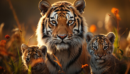 Fototapeta premium Tiger cub walking in the wild, staring at camera generated by AI