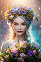 Beautiful woman with flower crown holding flower bouquet