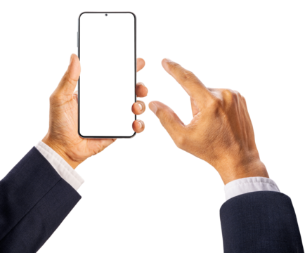 Businessman hand's using smartphone with empty white screen isolated on white background, Businessman hand using smartphone with empty screen on White Background PNG File.