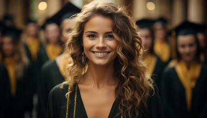 Fototapeta premium Young women smiling, looking at camera, radiating happiness and confidence generated by AI